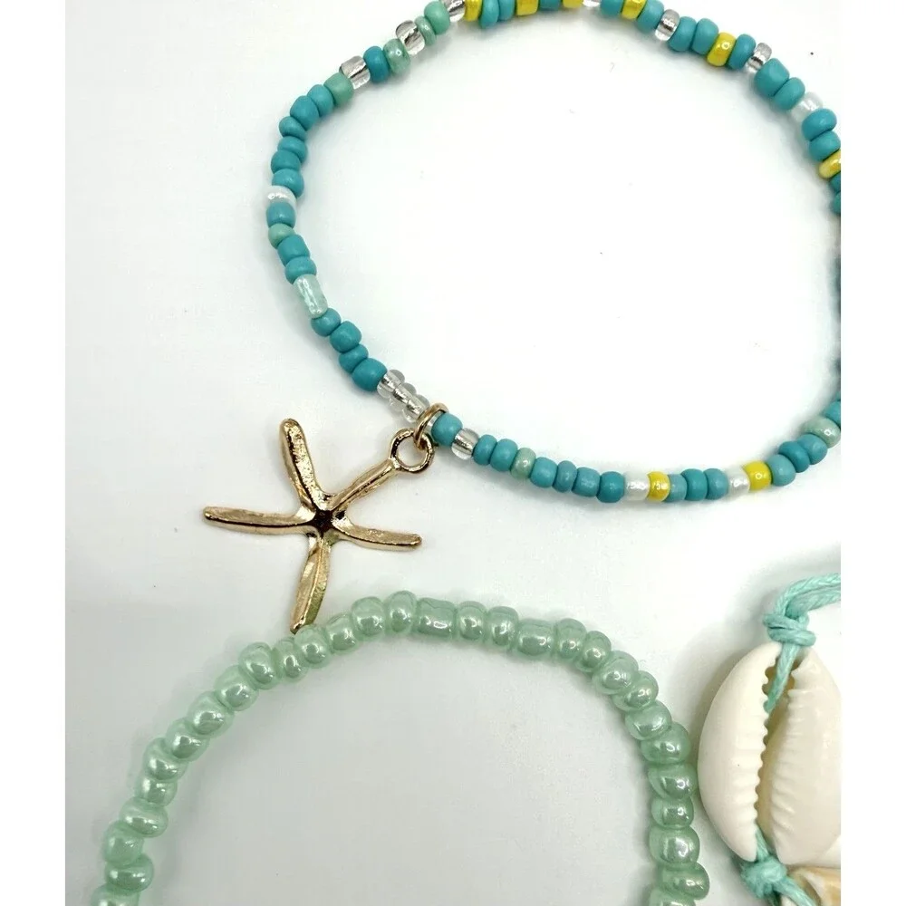 Boho 7 Layer Shell Bracelet Natural Beads Gold Starfish Charm Beach Vacation NEW